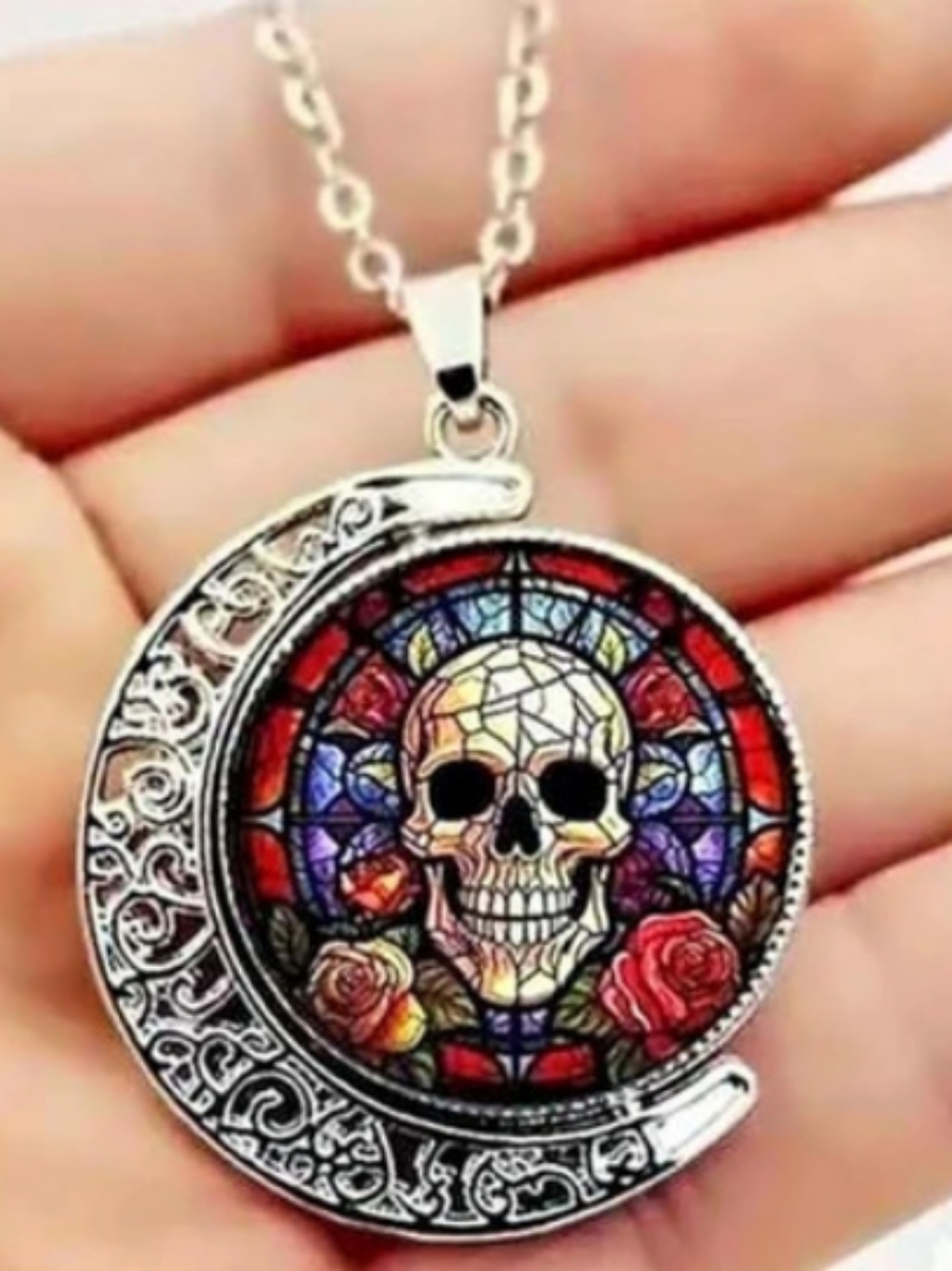 Skull Stained Glass Pendant Rotating Necklace